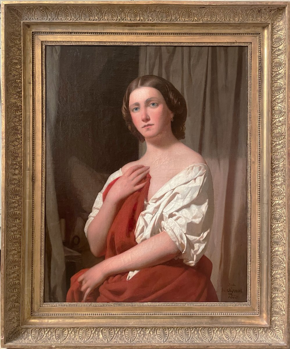 Jules de Vignon – Portrait de jeune femme, 1858 – Huile sur toile, peinture française du XIXe s