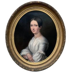 Classical Portrait Of A Young Woman – Signed J. Hallez | Oil On Canvas | Oval Presentation