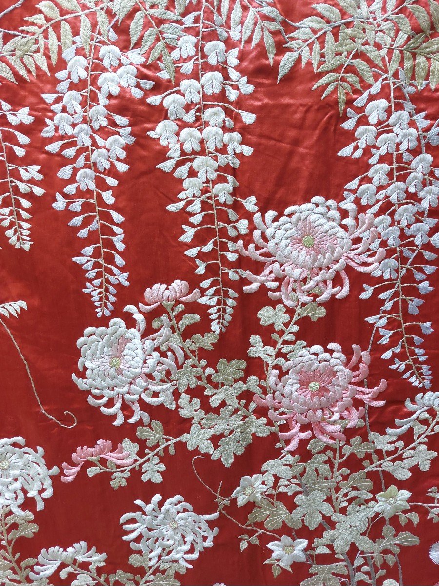 Panneau En Soie Brodée Vers 1900 Travail Indochinois 