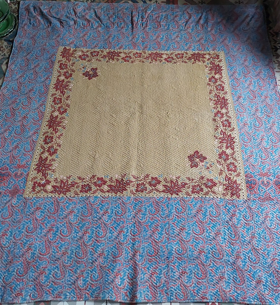Grande couverture piquée d'époque XIXe -photo-2