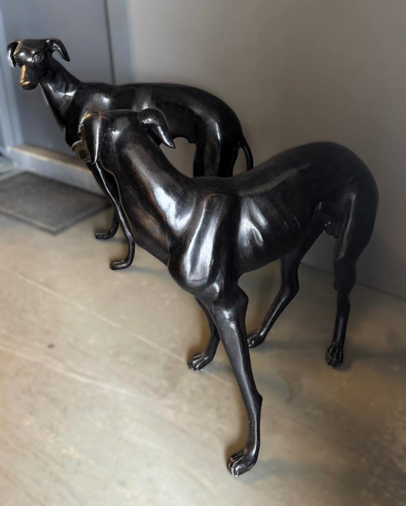 Pair Of Bronze Sculptures Depicting Greyhound Dogs-photo-1