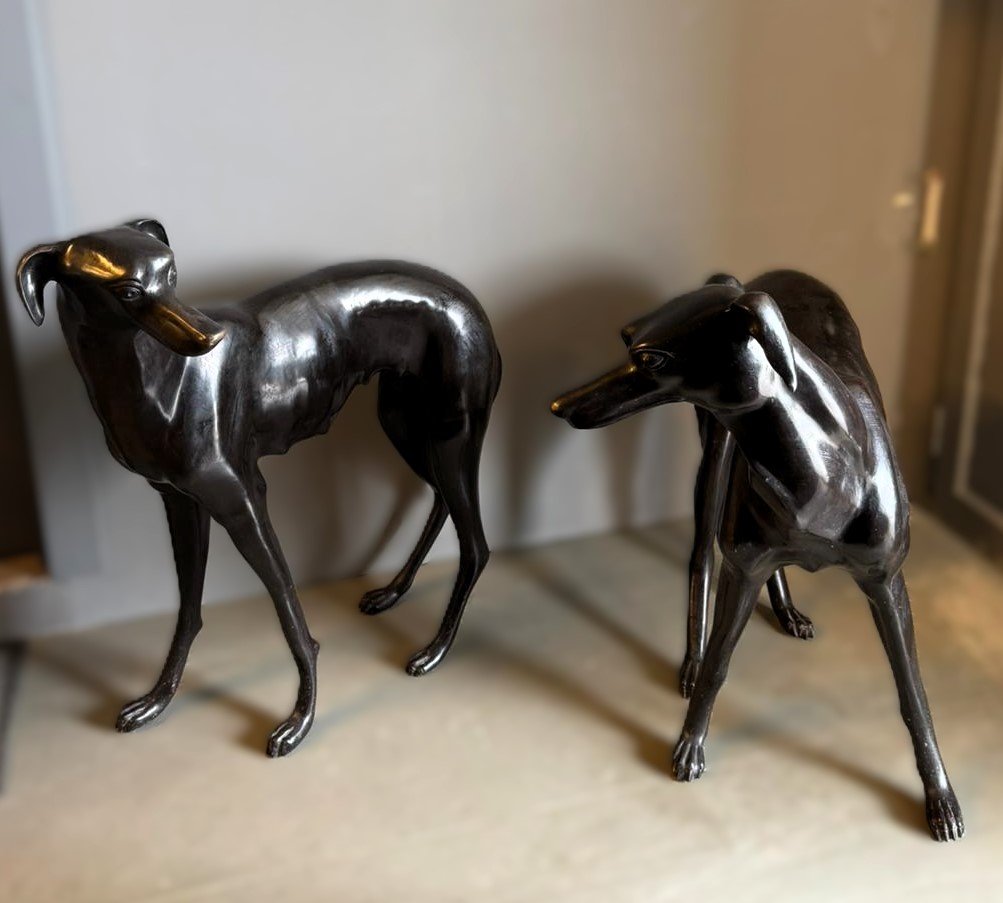 Pair Of Bronze Sculptures Depicting Greyhound Dogs-photo-2