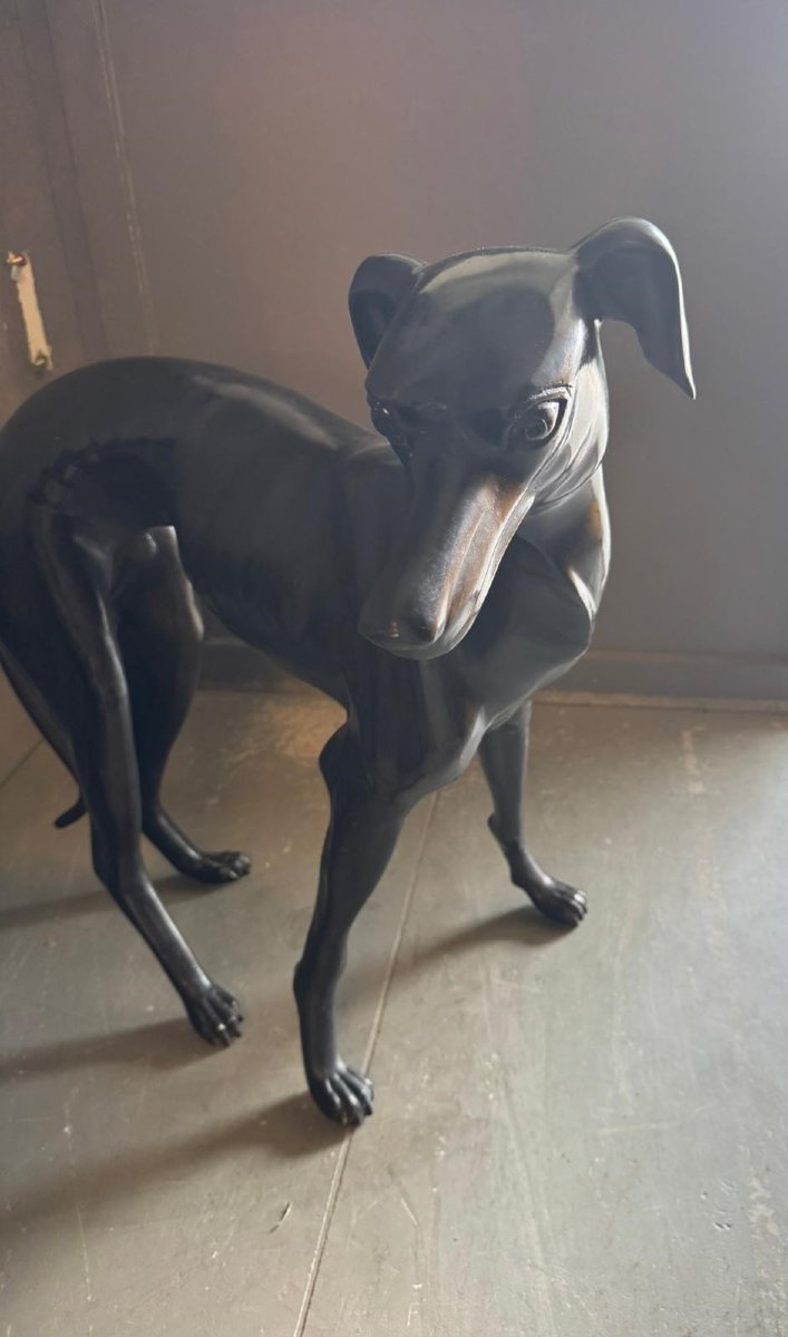 Pair Of Bronze Sculptures Depicting Greyhound Dogs-photo-3