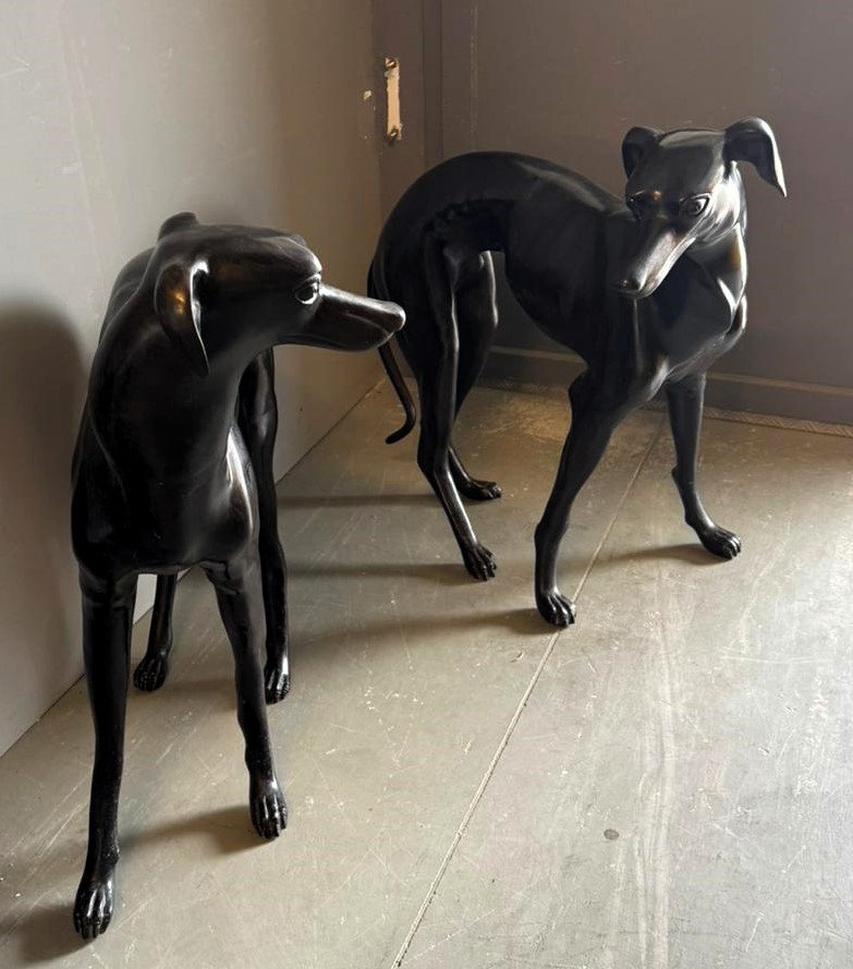 Pair Of Bronze Sculptures Depicting Greyhound Dogs-photo-4