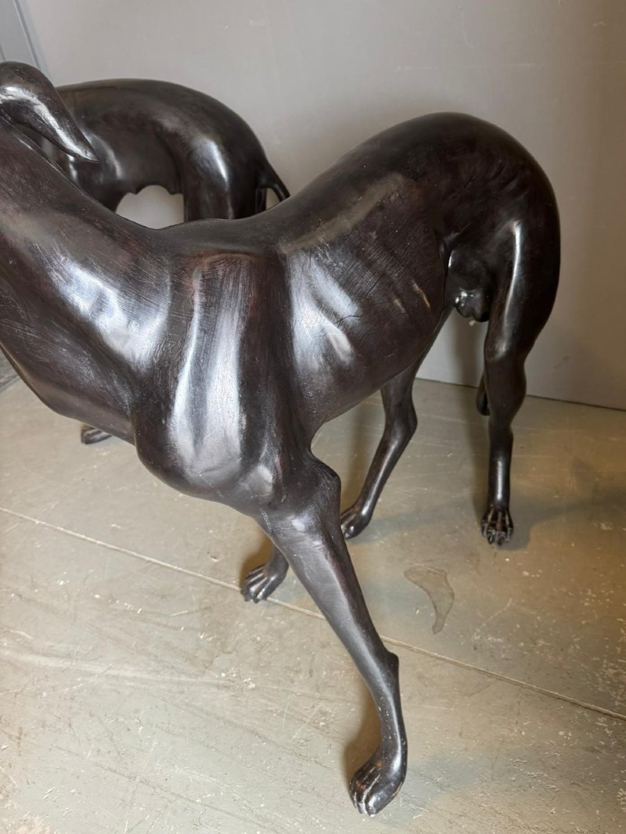 Pair Of Bronze Sculptures Depicting Greyhound Dogs-photo-5