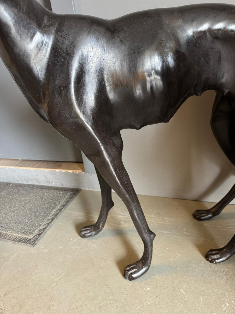 Pair Of Bronze Sculptures Depicting Greyhound Dogs-photo-7
