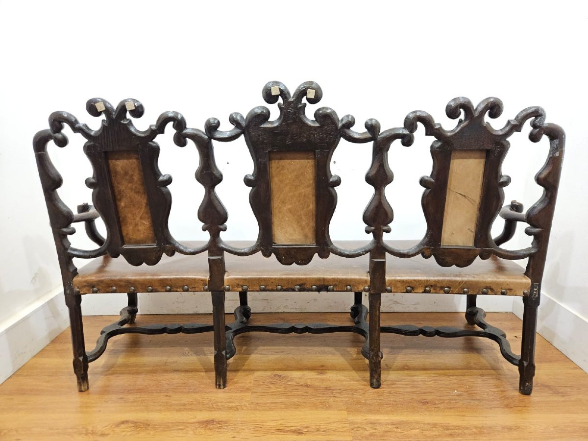 Wooden And Leather Sofa, Portugal, 18th Century-photo-2