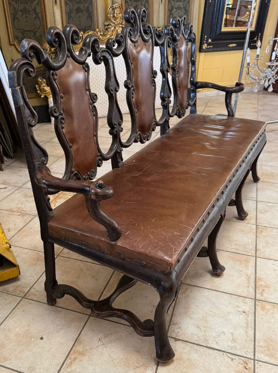 Wooden And Leather Sofa, Portugal, 18th Century-photo-5