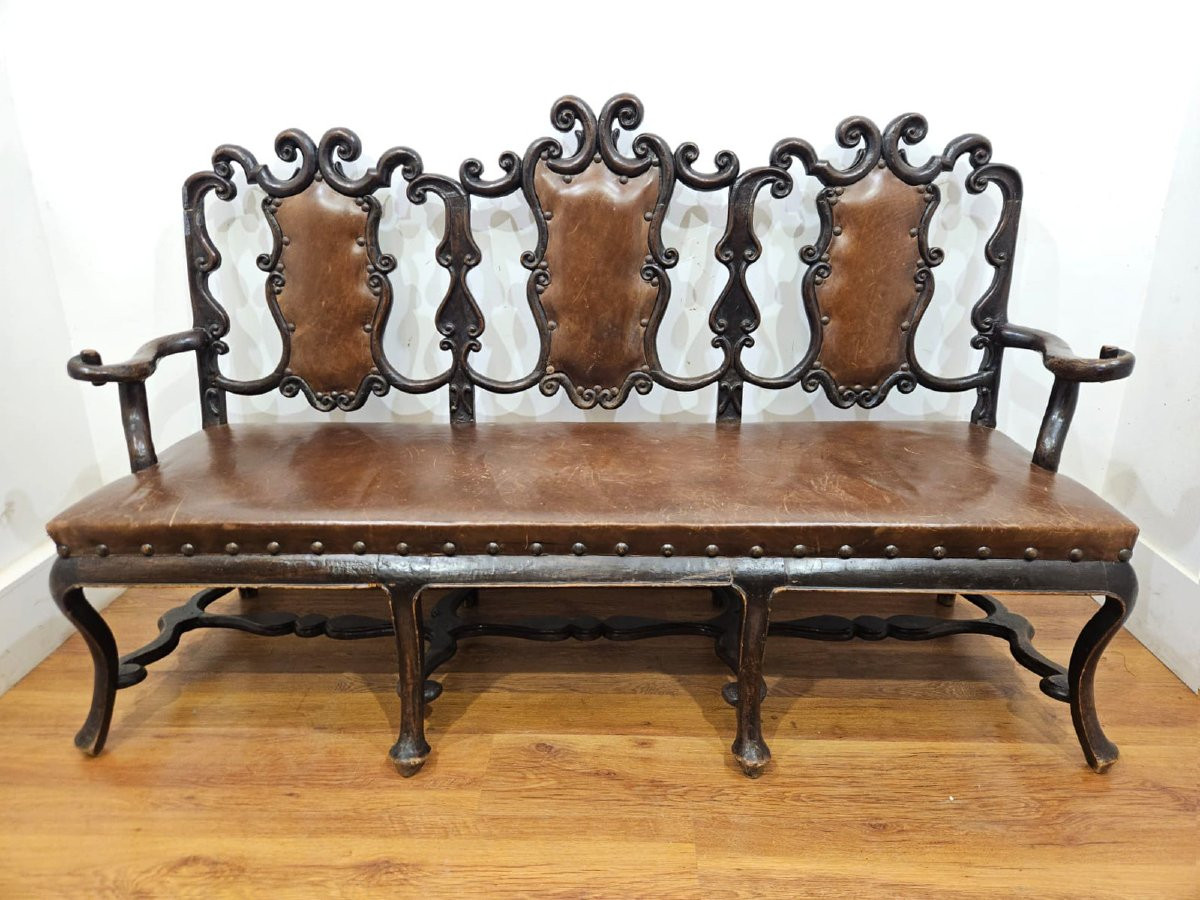 Wooden And Leather Sofa, Portugal, 18th Century-photo-8
