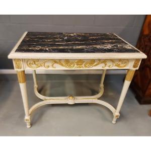 Table laquée et dorée avec plateau en marbre Portoro