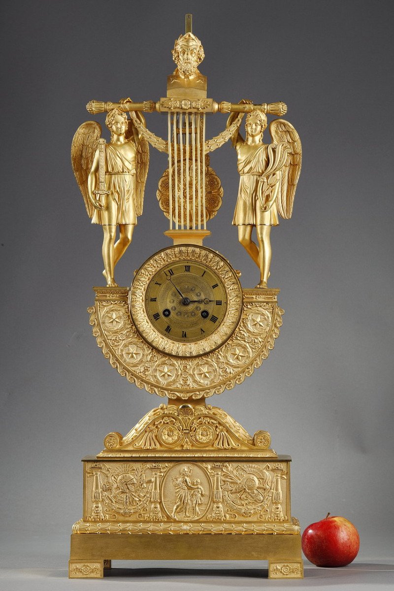 Lyre Clock In Gilt Bronze With Bust Of Homer, Empire Period-photo-2