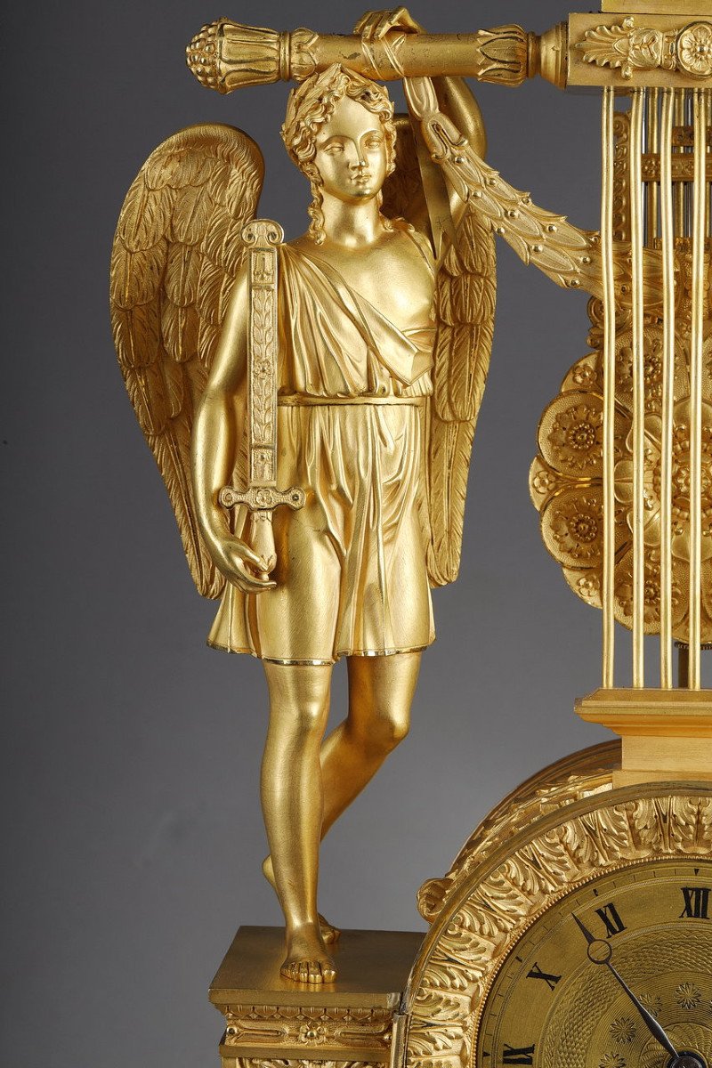 Pendule Lyre En Bronze Doré à Buste d'Homère, d'époque Empire-photo-1