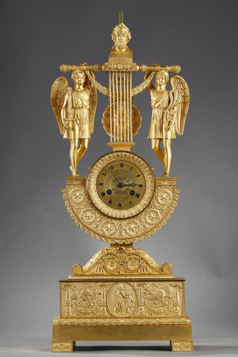 Lyre Clock In Gilt Bronze With Bust Of Homer, Empire Period