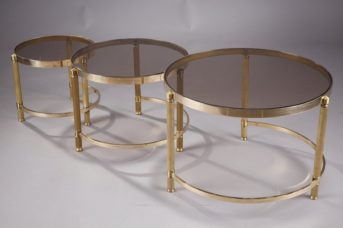 Trois Tables Basses Gigognes En Bronze Et Verre Fumé, Années 70-photo-2