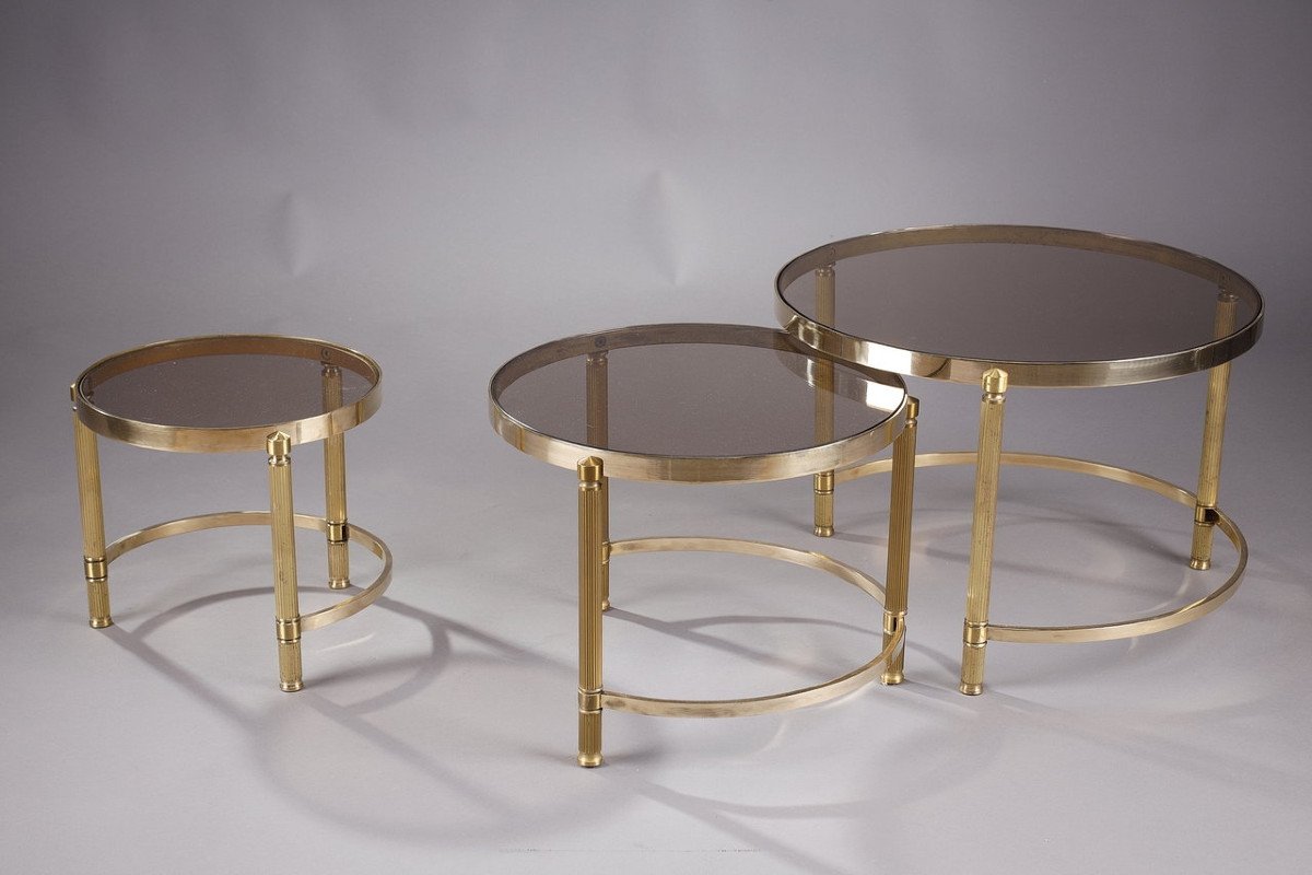Trois Tables Basses Gigognes En Bronze Et Verre Fumé, Années 70-photo-3