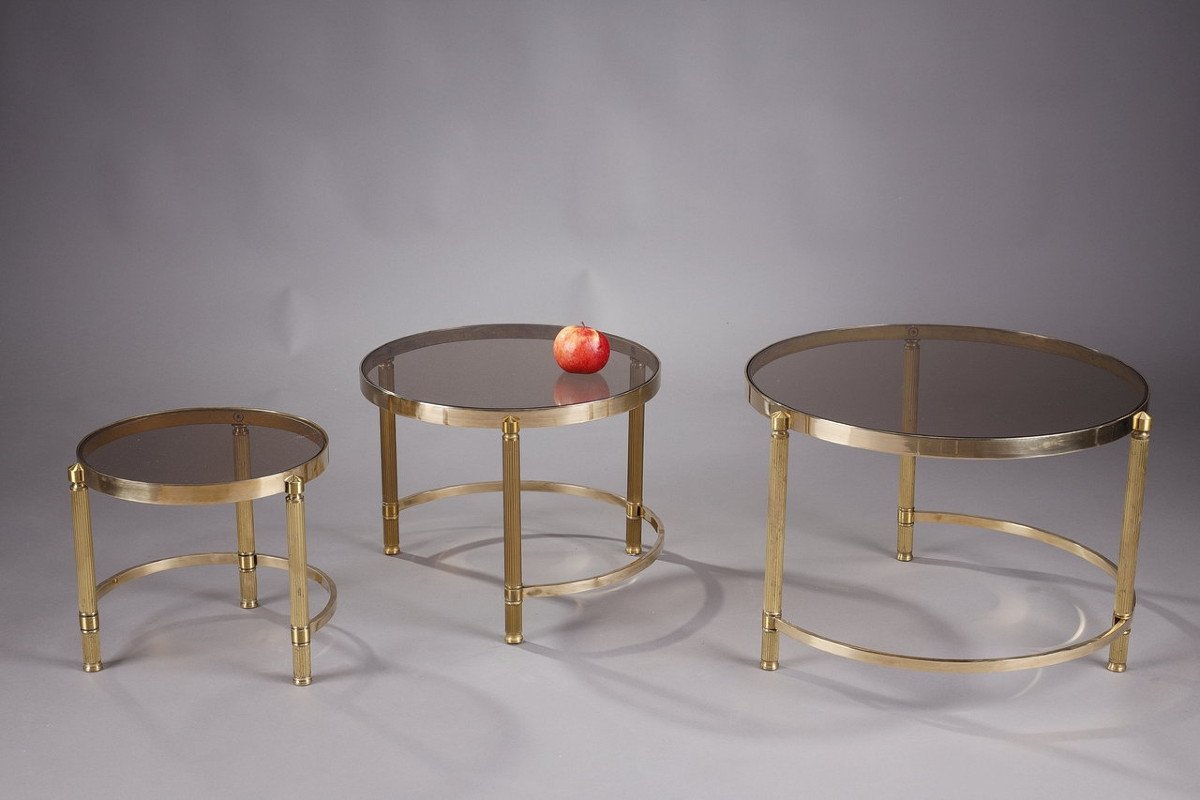 Trois Tables Basses Gigognes En Bronze Et Verre Fumé, Années 70-photo-8