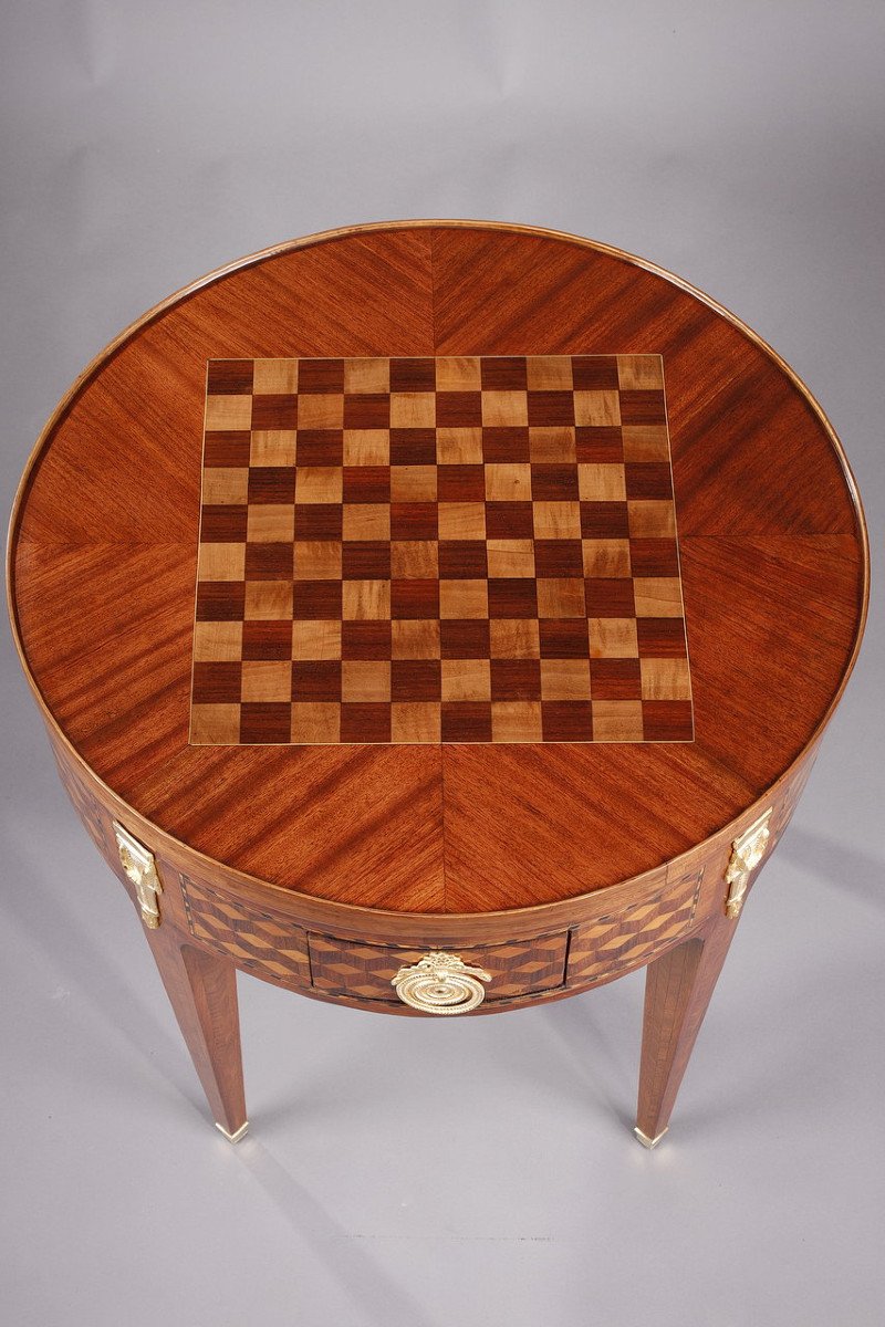 Rare Louis XVI Style Game Table With Wood Marquetry Decoration-photo-3