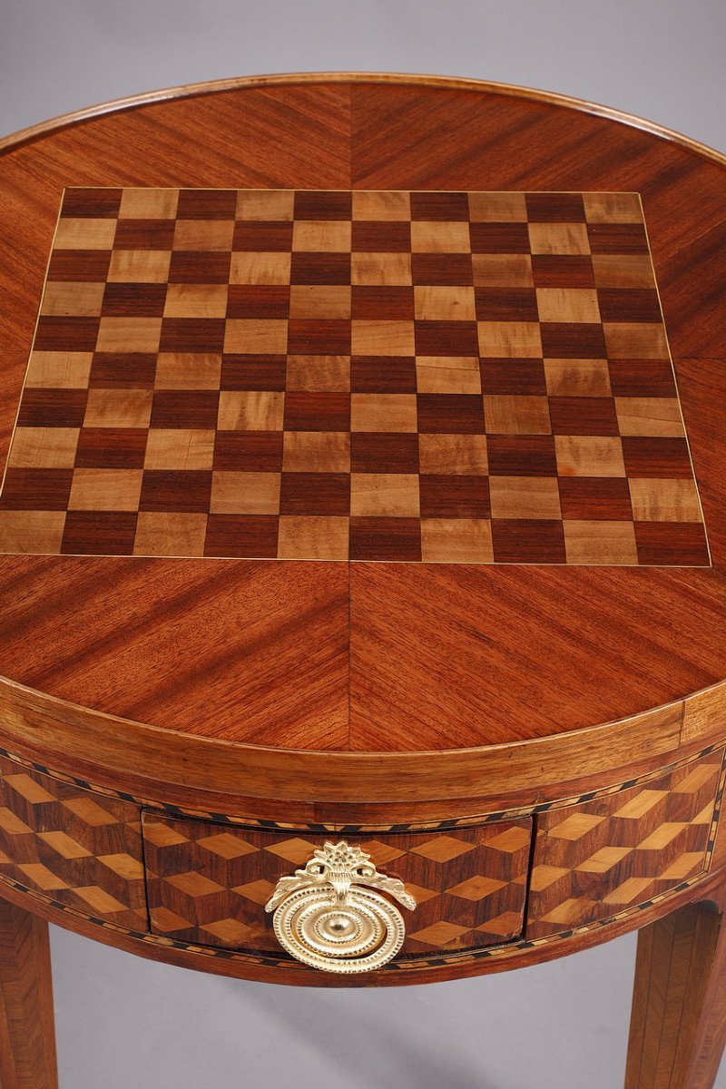 Rare Louis XVI Style Game Table With Wood Marquetry Decoration-photo-4