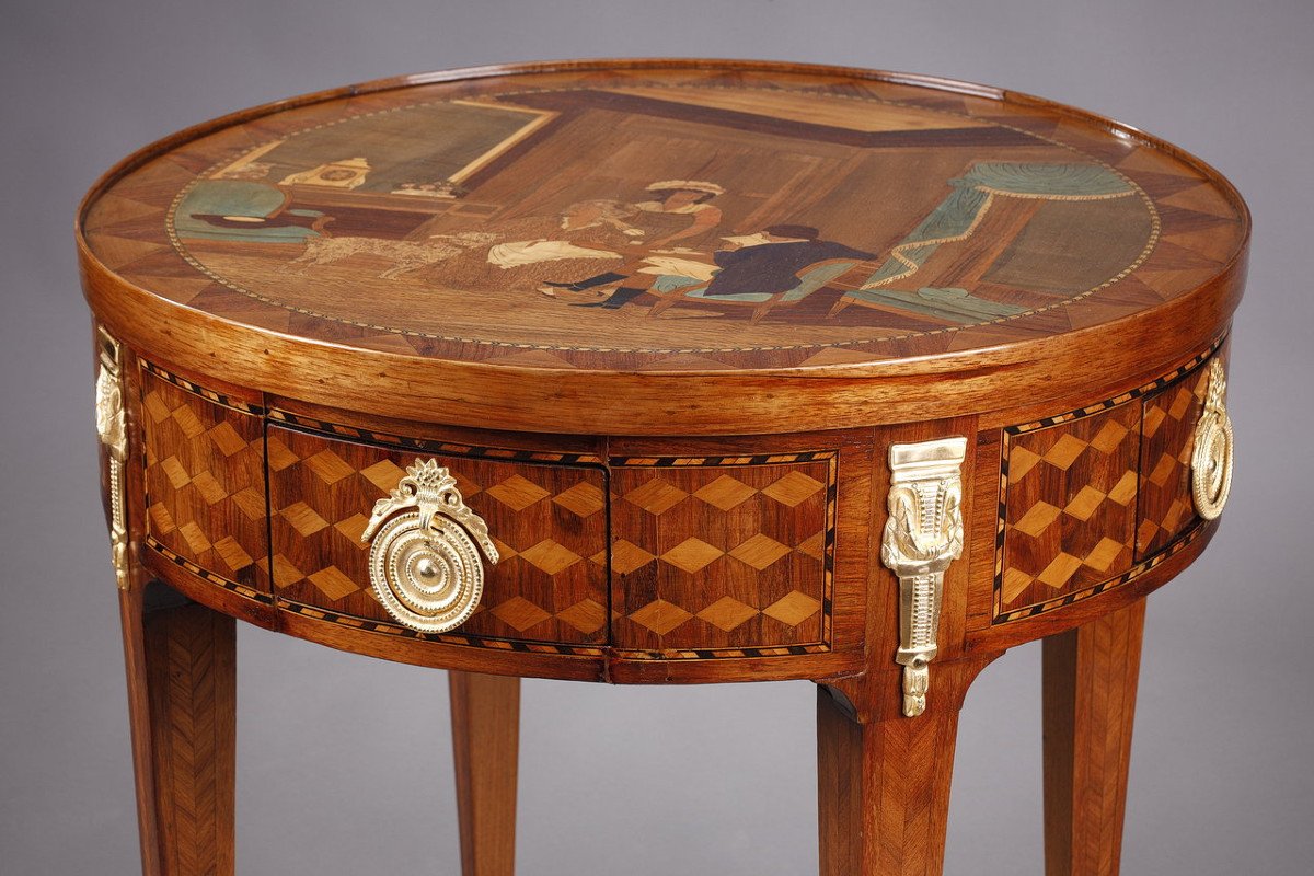 Rare Louis XVI Style Game Table With Wood Marquetry Decoration-photo-4