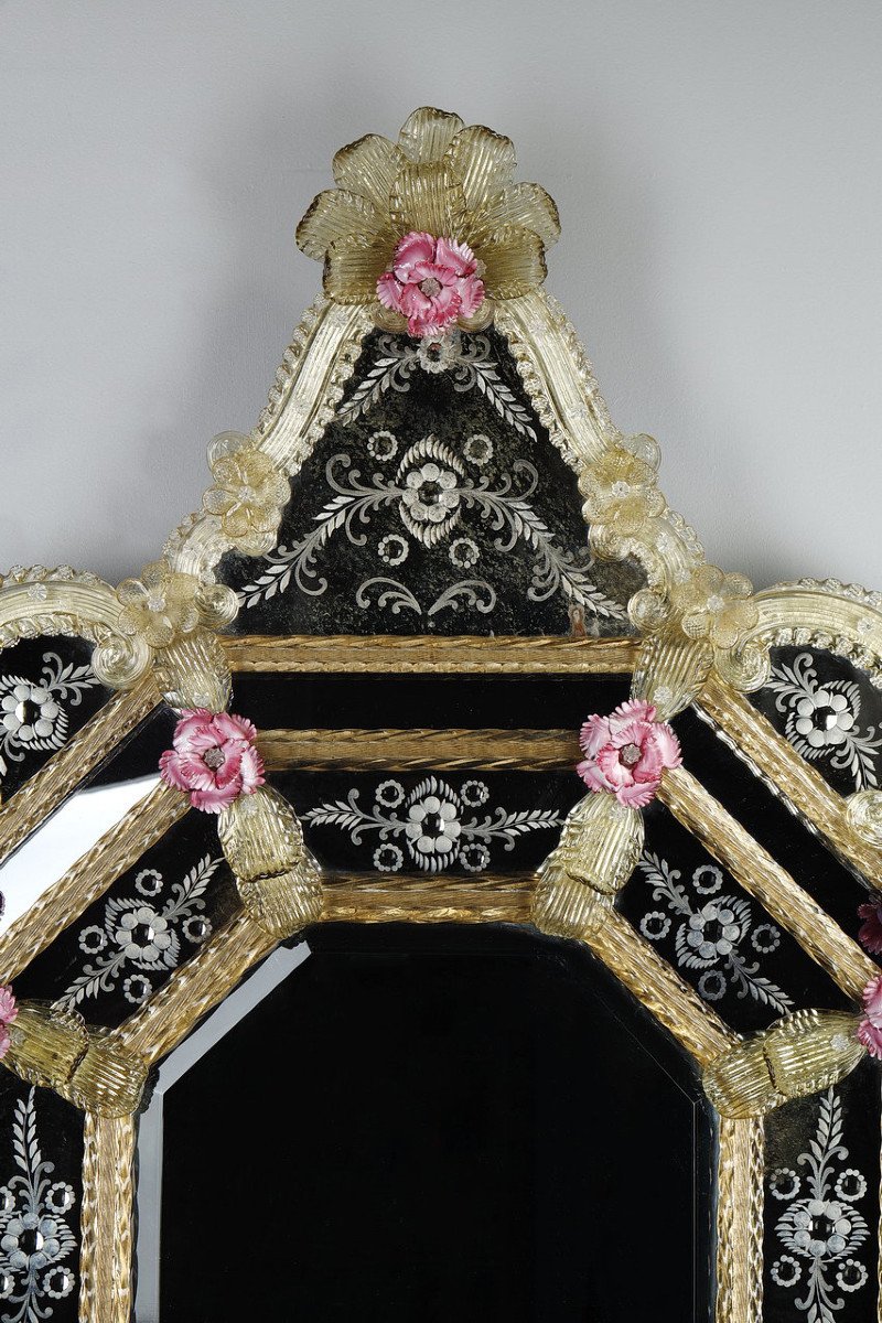 Miroir rocaille à parcloses en verre de Murano, début du XXème Siècle-photo-3