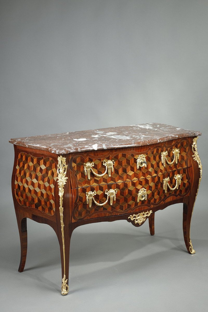 Commode Sauteuse En Placage De Bois De Rose Et Marqueterie d'Oeben, d'époque Louis XV-photo-2