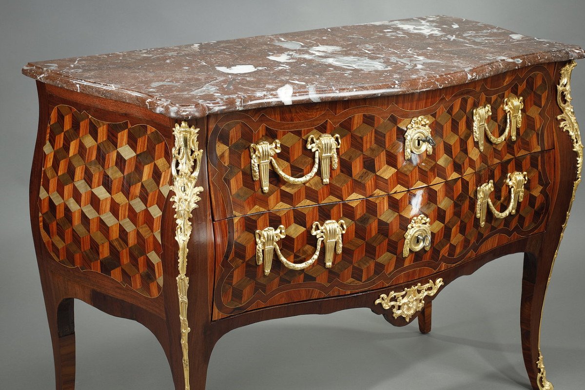 Commode Sauteuse En Placage De Bois De Rose Et Marqueterie d'Oeben, d'époque Louis XV-photo-4