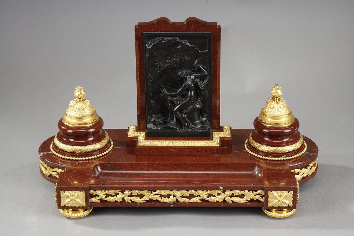 Inkwell In Cherry Red Marble And Gilt Bronze, And "allegory Of Writing', Signed H.chapu-photo-4