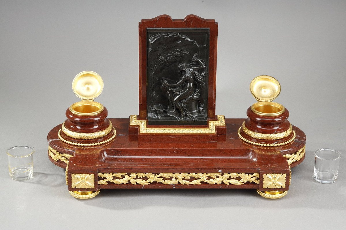 Inkwell In Cherry Red Marble And Gilt Bronze, And "allegory Of Writing', Signed H.chapu-photo-1