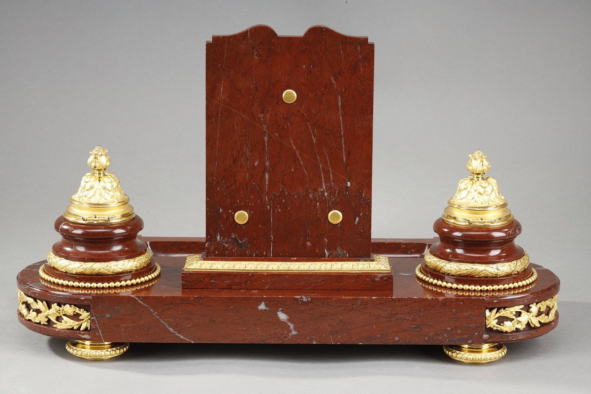 Inkwell In Cherry Red Marble And Gilt Bronze, And "allegory Of Writing', Signed H.chapu-photo-7