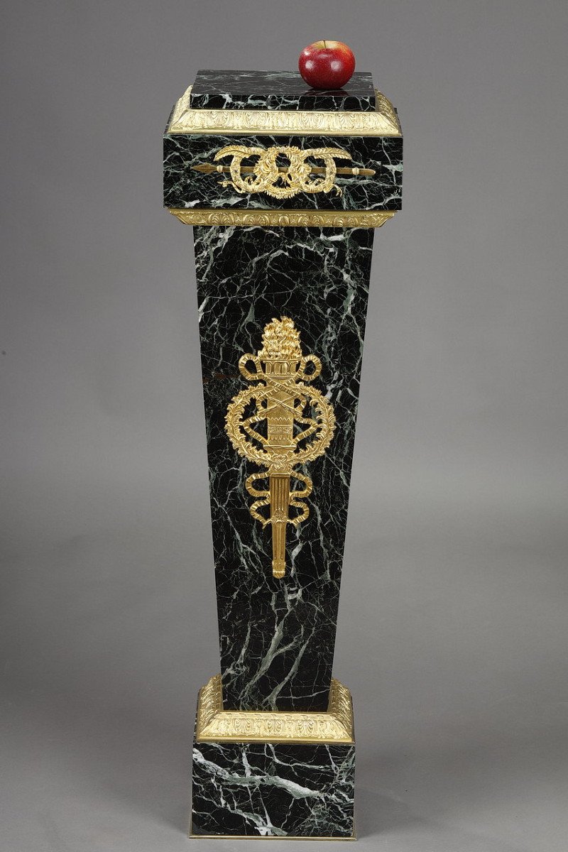 Column In Green Marble Veneer And Gilt Bronze Decor, Empire Style-photo-2