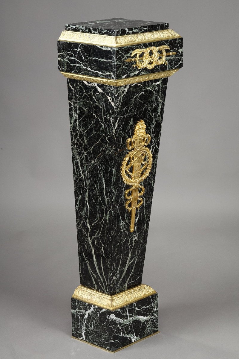 Column In Green Marble Veneer And Gilt Bronze Decor, Empire Style-photo-1