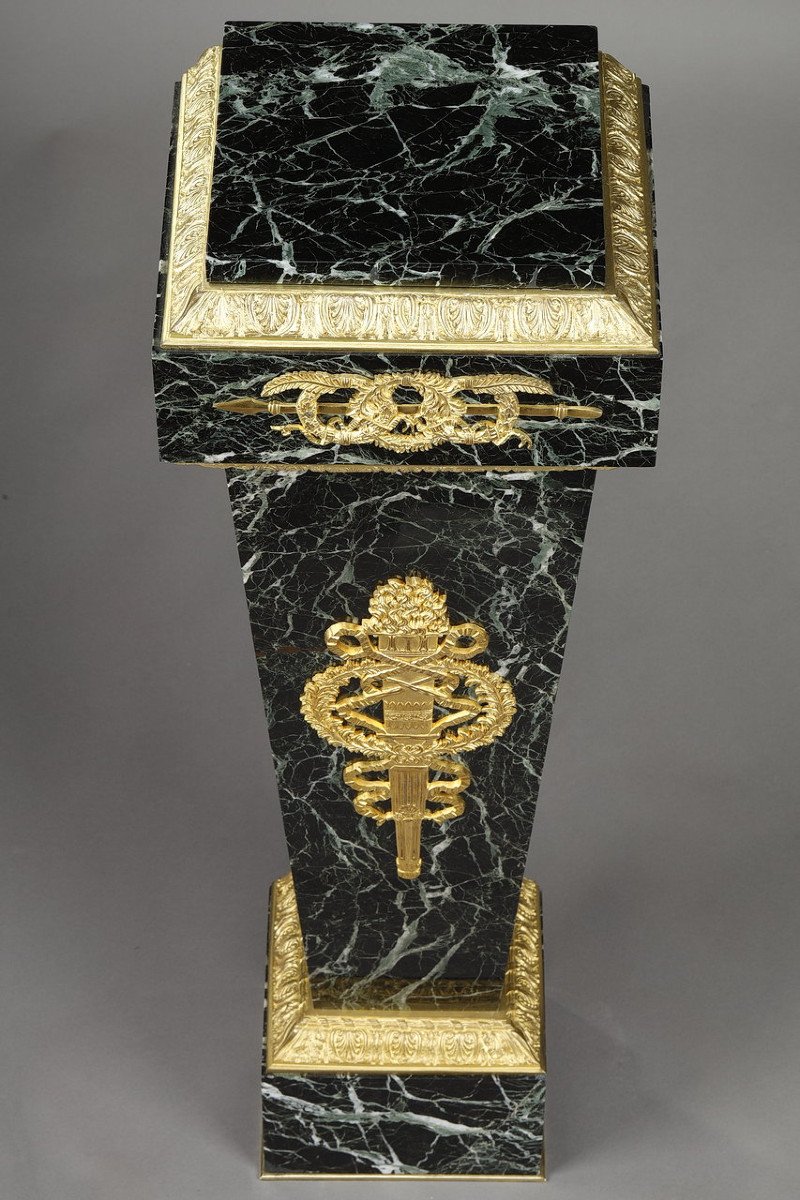 Column In Green Marble Veneer And Gilt Bronze Decor, Empire Style-photo-2