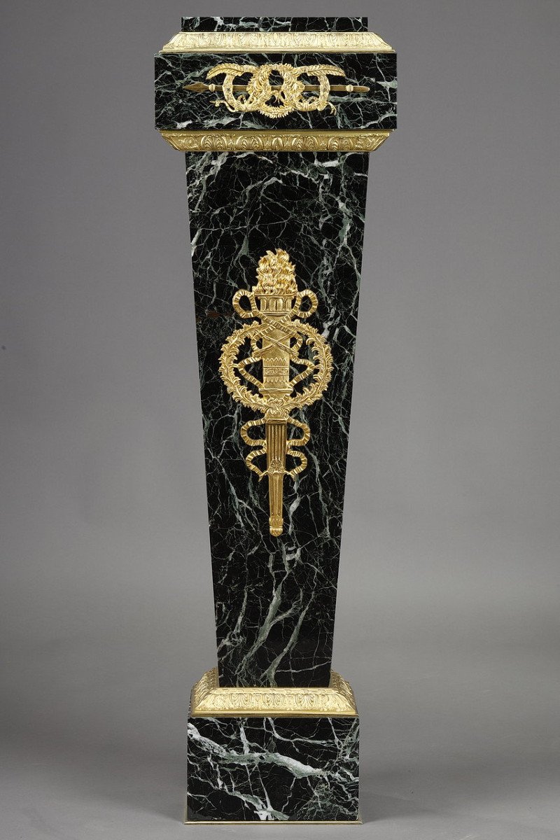 Column In Green Marble Veneer And Gilt Bronze Decor, Empire Style