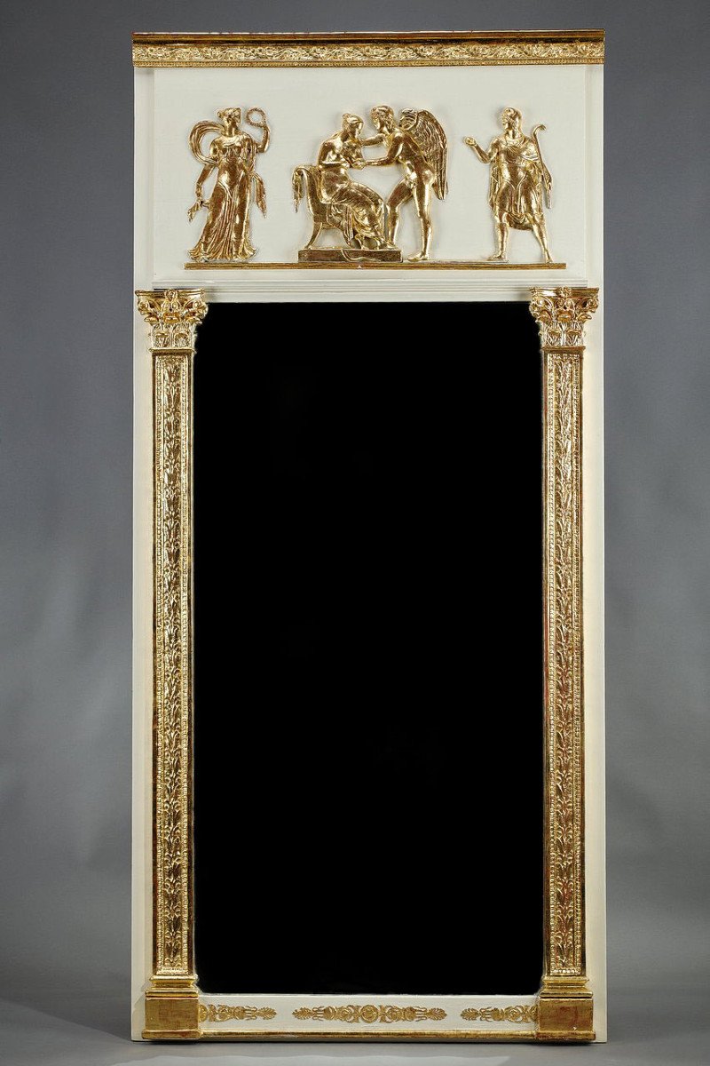 Grand Miroir Trumeau En Bois Et Stuc Doré, d'époque Empire, 19e