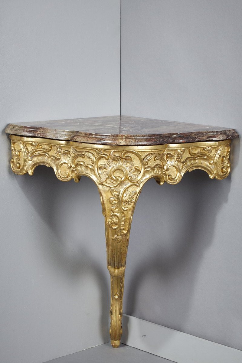 Rococo Corner Console In Carved Wood And Breccia Marble, Louis XV Style, 19th Century-photo-1