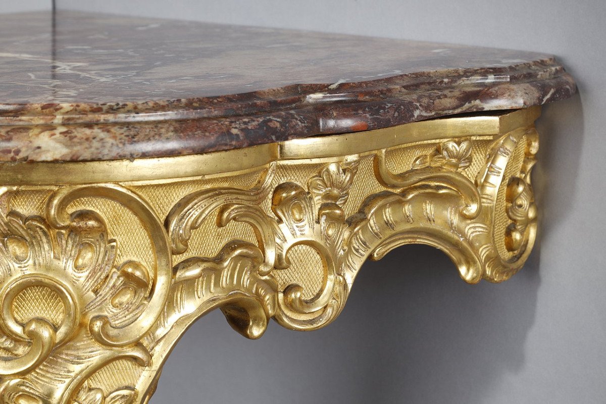 Rococo Corner Console In Carved Wood And Breccia Marble, Louis XV Style, 19th Century-photo-3