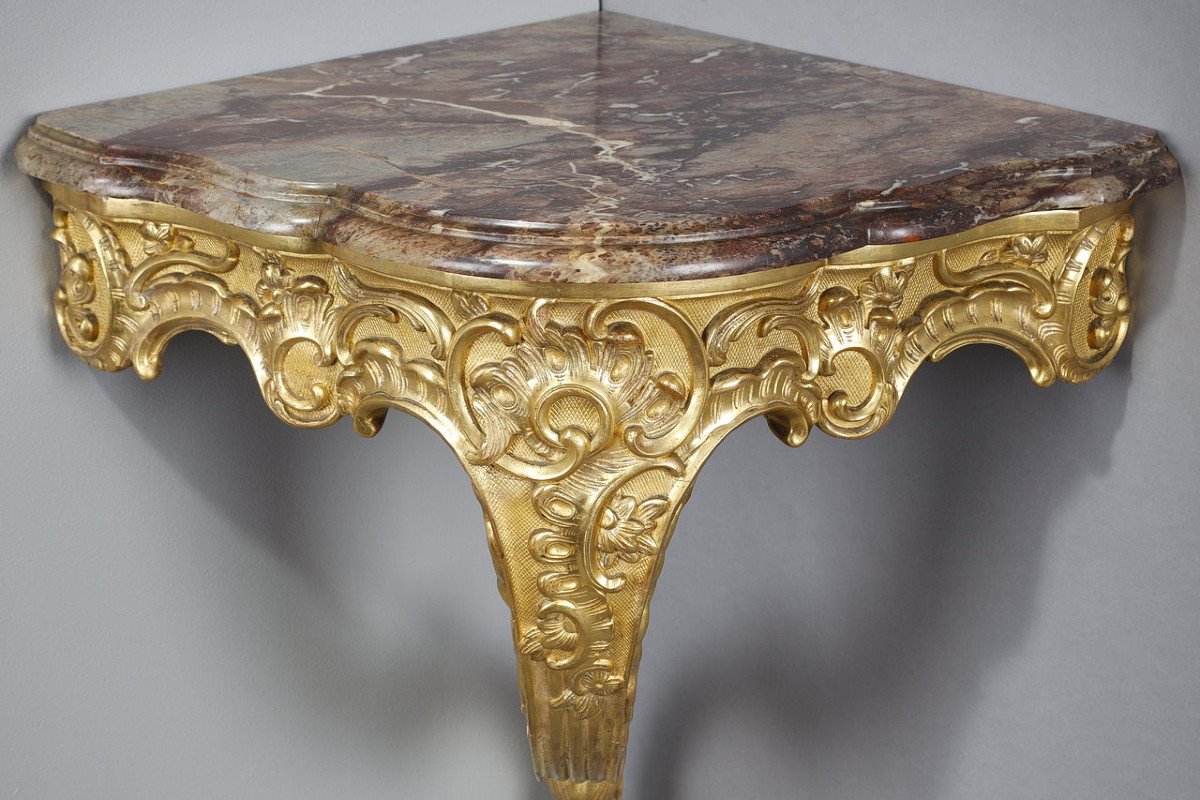 Rococo Corner Console In Carved Wood And Breccia Marble, Louis XV Style, 19th Century-photo-6