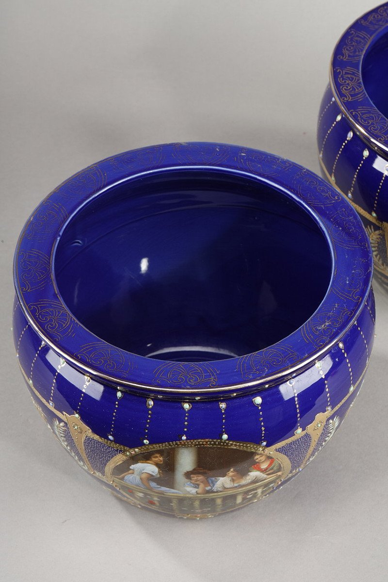 Pair Of Art Nouveau Limoges Porcelain Cache-pot Vases, 19th Century -photo-2