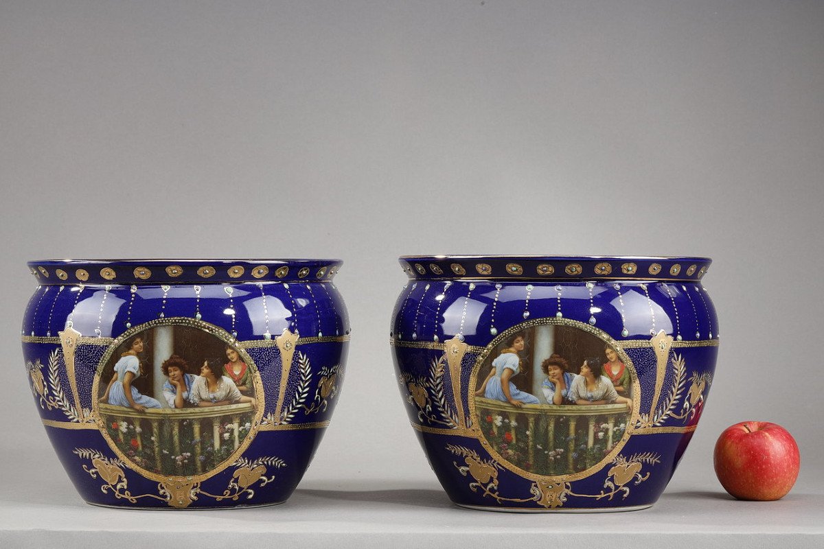 Pair Of Art Nouveau Limoges Porcelain Cache-pot Vases, 19th Century -photo-1