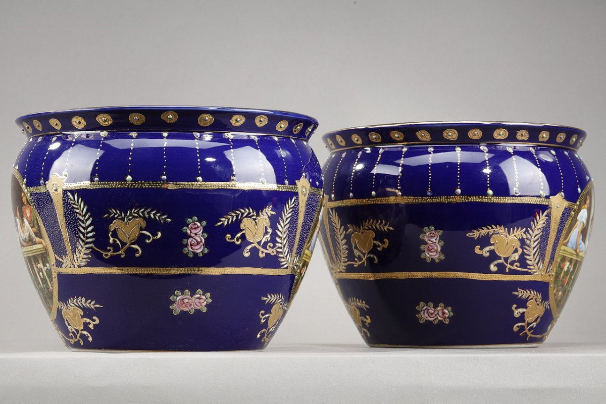 Paire De Vases Cache-pot En Porcelaine De Limoges, De Style Art Nouveau, 19ème-photo-3