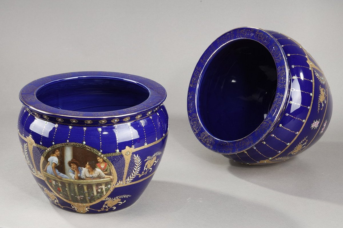 Paire De Vases Cache-pot En Porcelaine De Limoges, De Style Art Nouveau, 19ème-photo-4