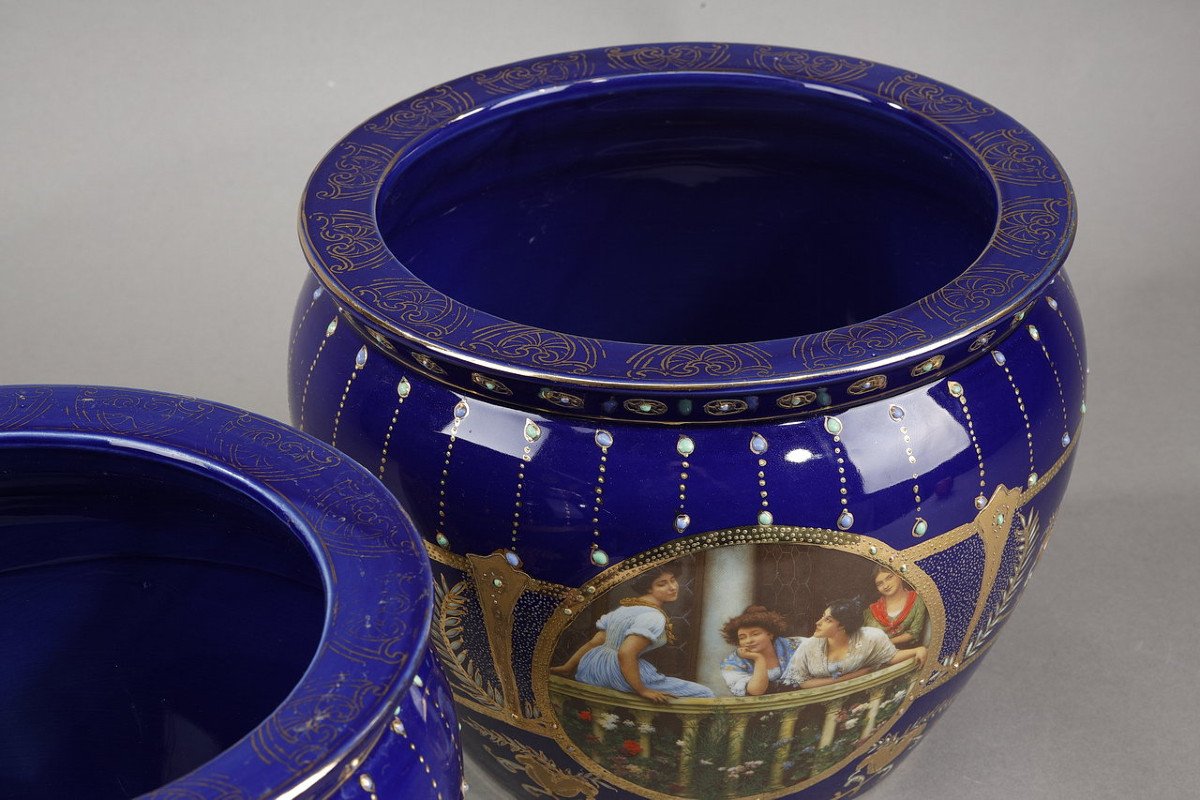 Paire De Vases Cache-pot En Porcelaine De Limoges, De Style Art Nouveau, 19ème-photo-5