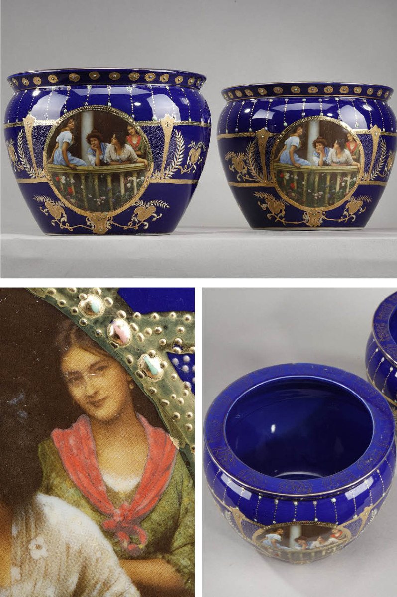Pair Of Art Nouveau Limoges Porcelain Cache-pot Vases, 19th Century 