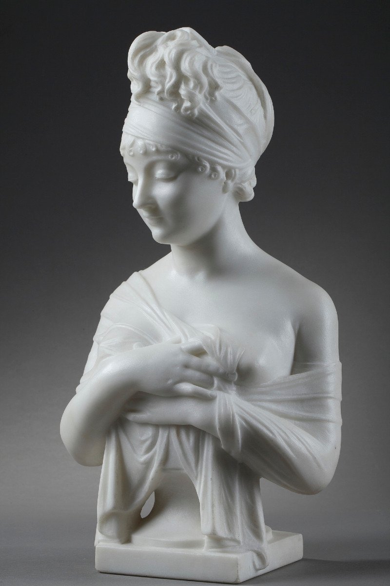Bust Of Madame Récamier In Carrara Marble, After Joseph Chinard (1756-1813)-photo-3