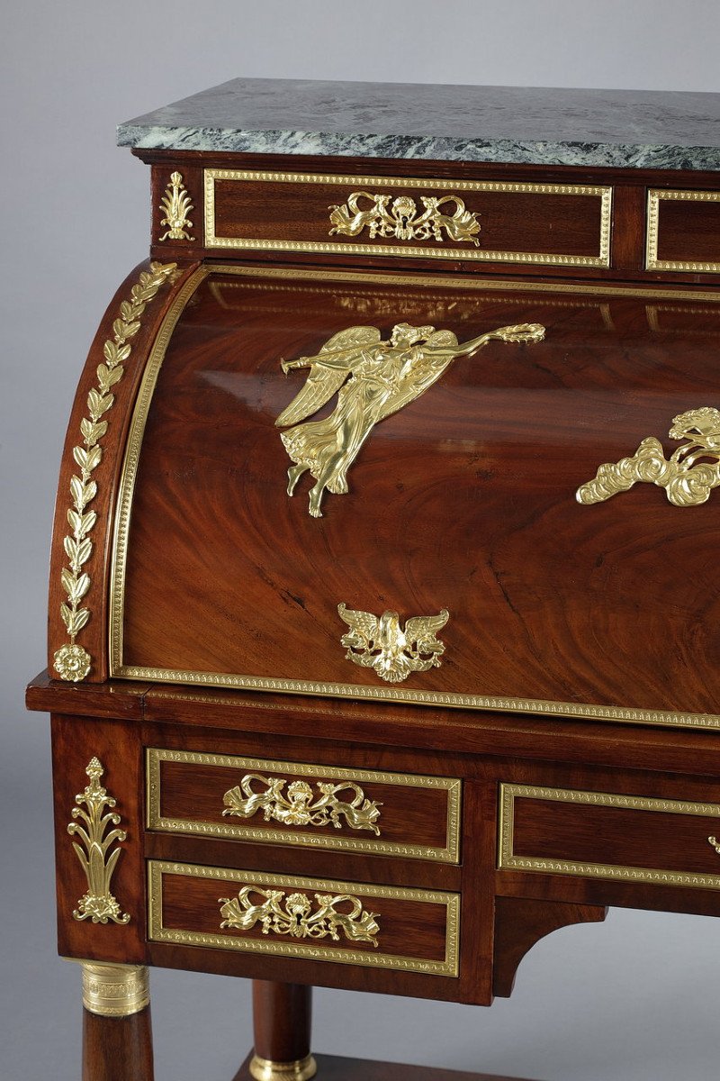 Cylinder Desk In Mahogany And Gilt Bronzes, Empire Style, 19th Century-photo-1