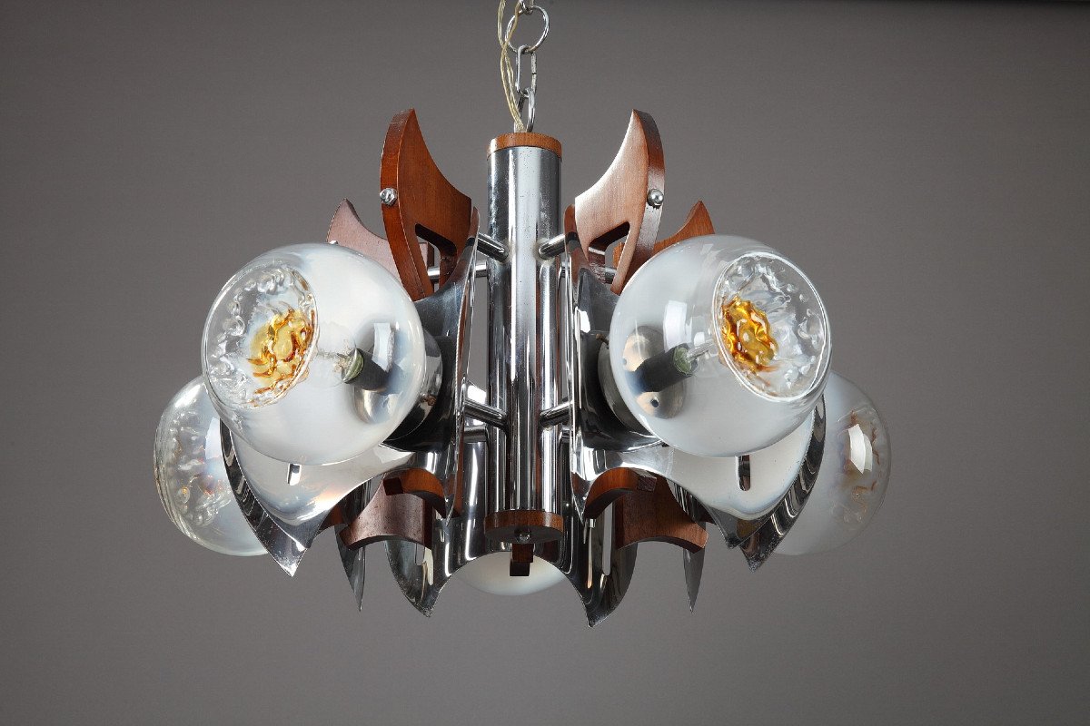 Mazzega Chandelier In Murano Glass, Chrome And Wood, 1970-photo-4