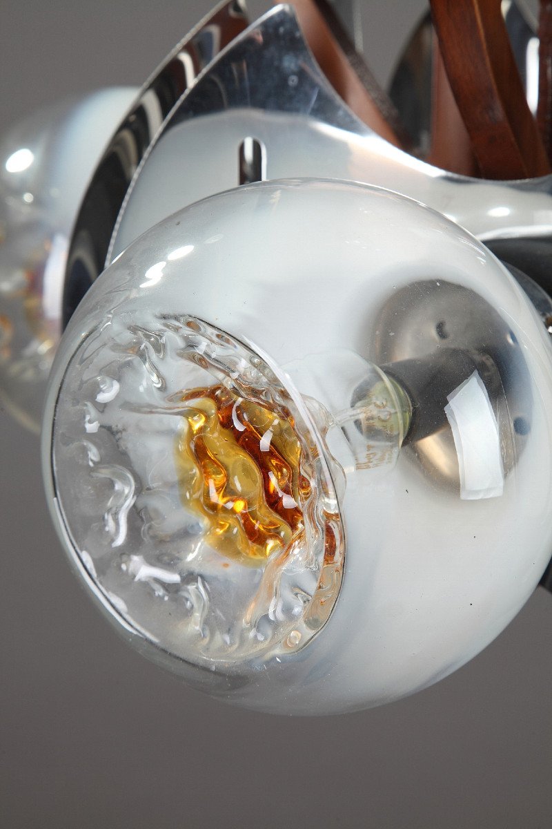 Mazzega Chandelier In Murano Glass, Chrome And Wood, 1970-photo-2