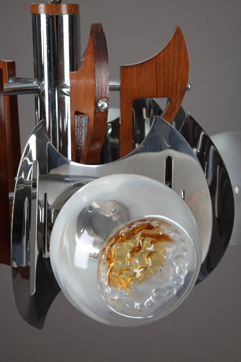 Mazzega Chandelier In Murano Glass, Chrome And Wood, 1970-photo-3