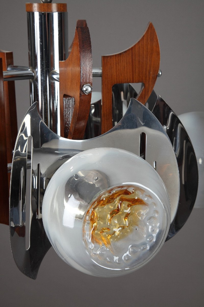 Lustre Mazzega En Verre Murano, Chrome Et Bois, 1970-photo-3