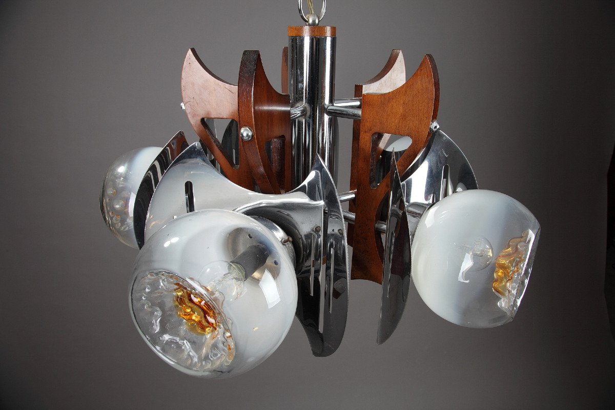 Lustre Mazzega En Verre Murano, Chrome Et Bois, 1970-photo-4